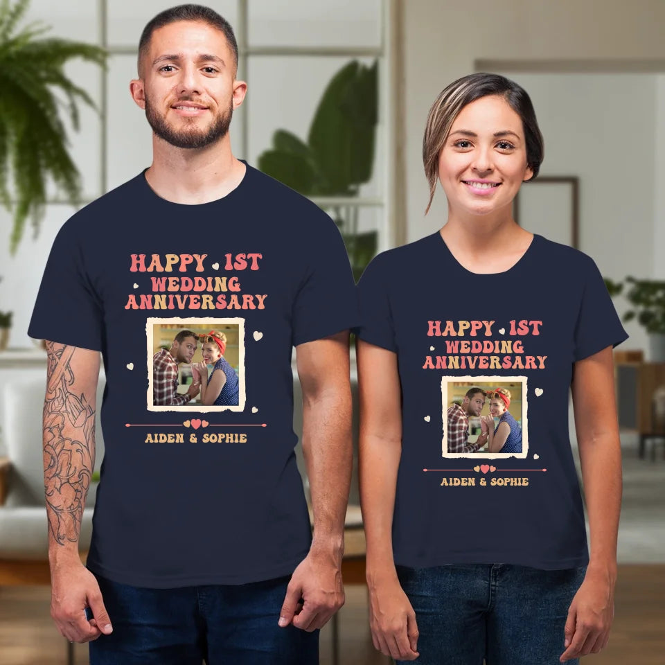 Happy 1st Wedding Anniversary, Retro Style - Personalized Gifts For Couples - Unisex T-Shirt