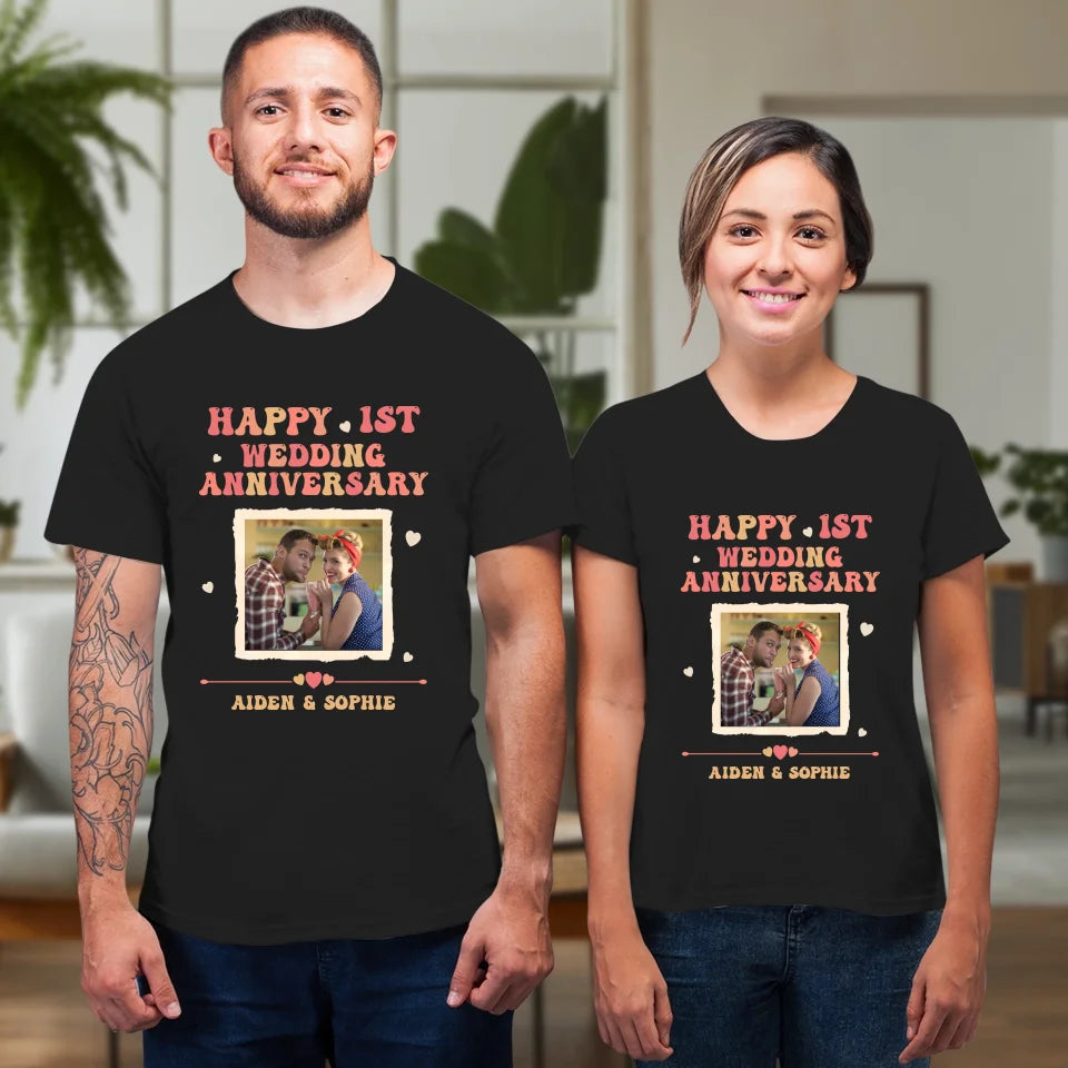 Happy 1st Wedding Anniversary, Retro Style - Personalized Gifts For Couples - Unisex T-Shirt