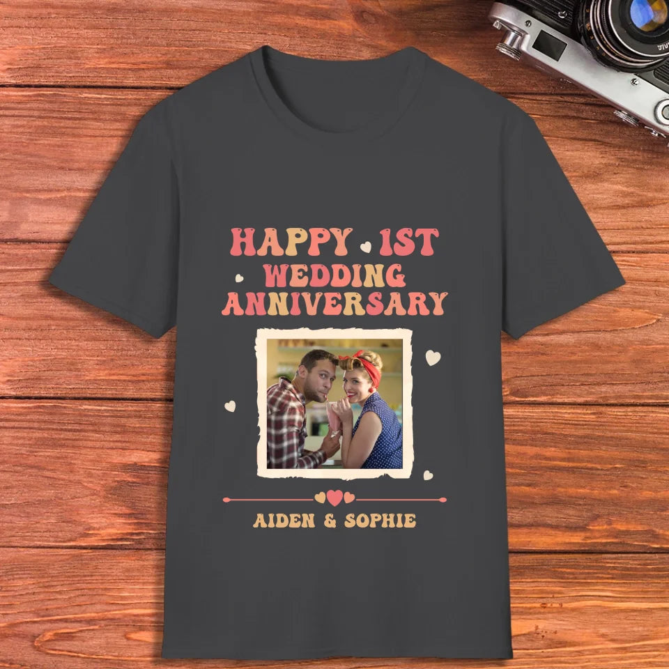 Happy 1st Wedding Anniversary, Retro Style - Personalized Gifts For Couples - Unisex T-Shirt