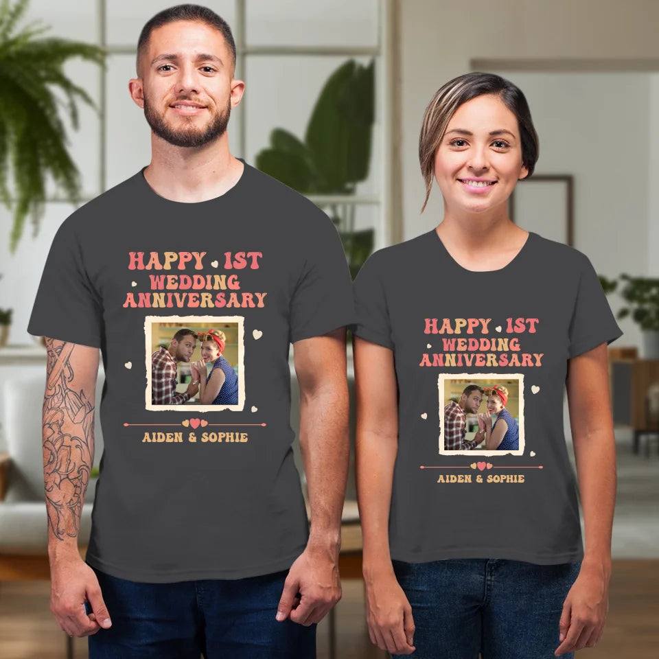 Happy 1st Wedding Anniversary, Retro Style - Personalized Gifts For Couples - Unisex T-Shirt