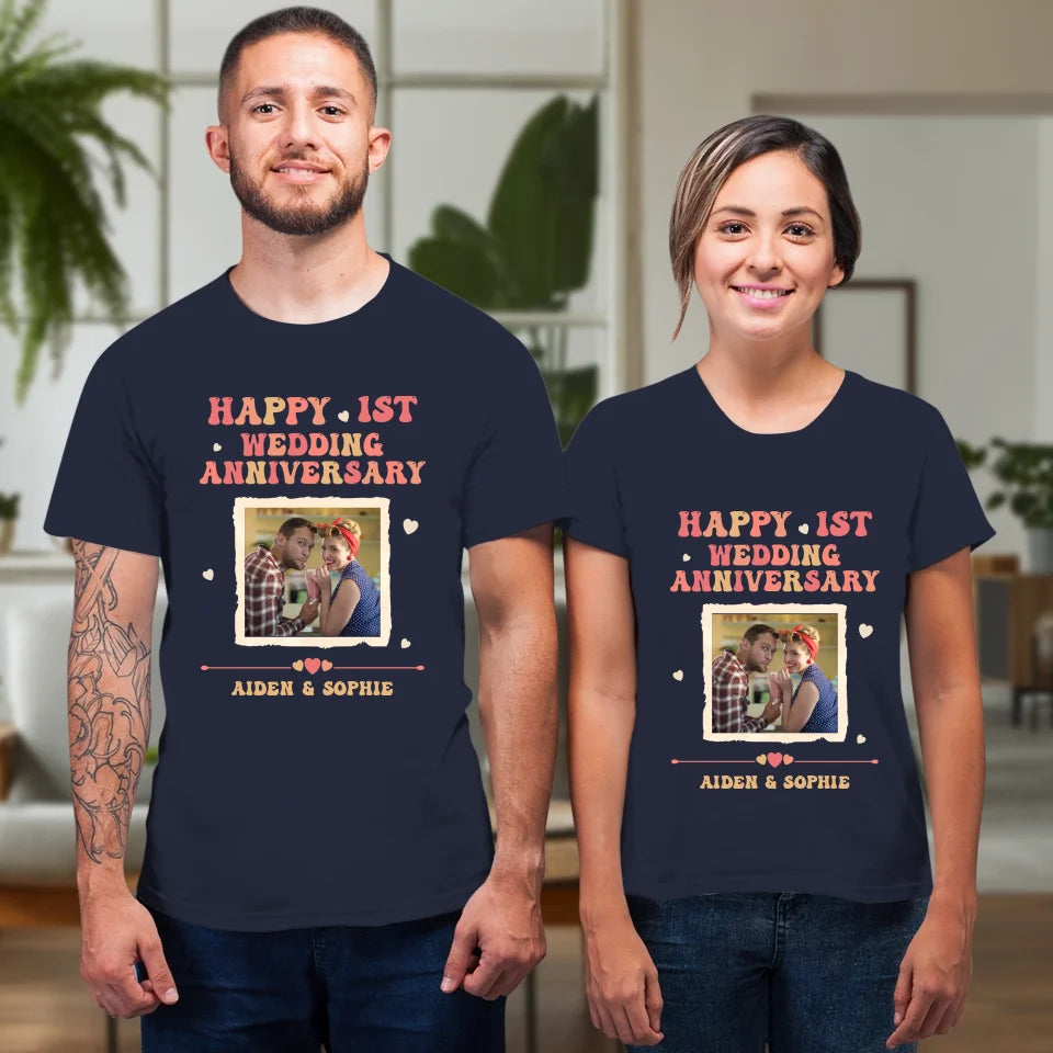 Happy 1st Wedding Anniversary, Retro Style - Personalized Gifts For Couples - Unisex T-Shirt