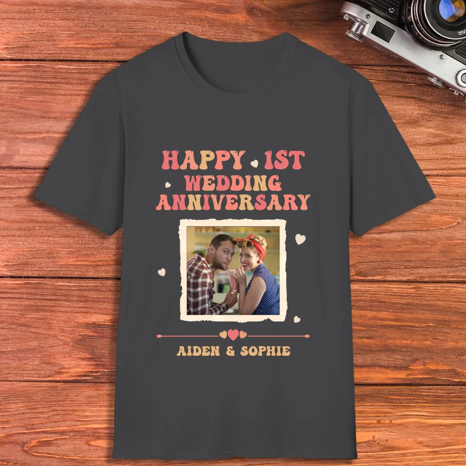 Happy 1st Wedding Anniversary, Retro Style - Personalized Gifts For Couples - Unisex T-Shirt