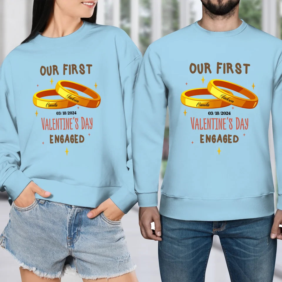 Our First Valentine's Day Engaged Golden Ring - Personalized Gifts For Couples - Unisex Sweater