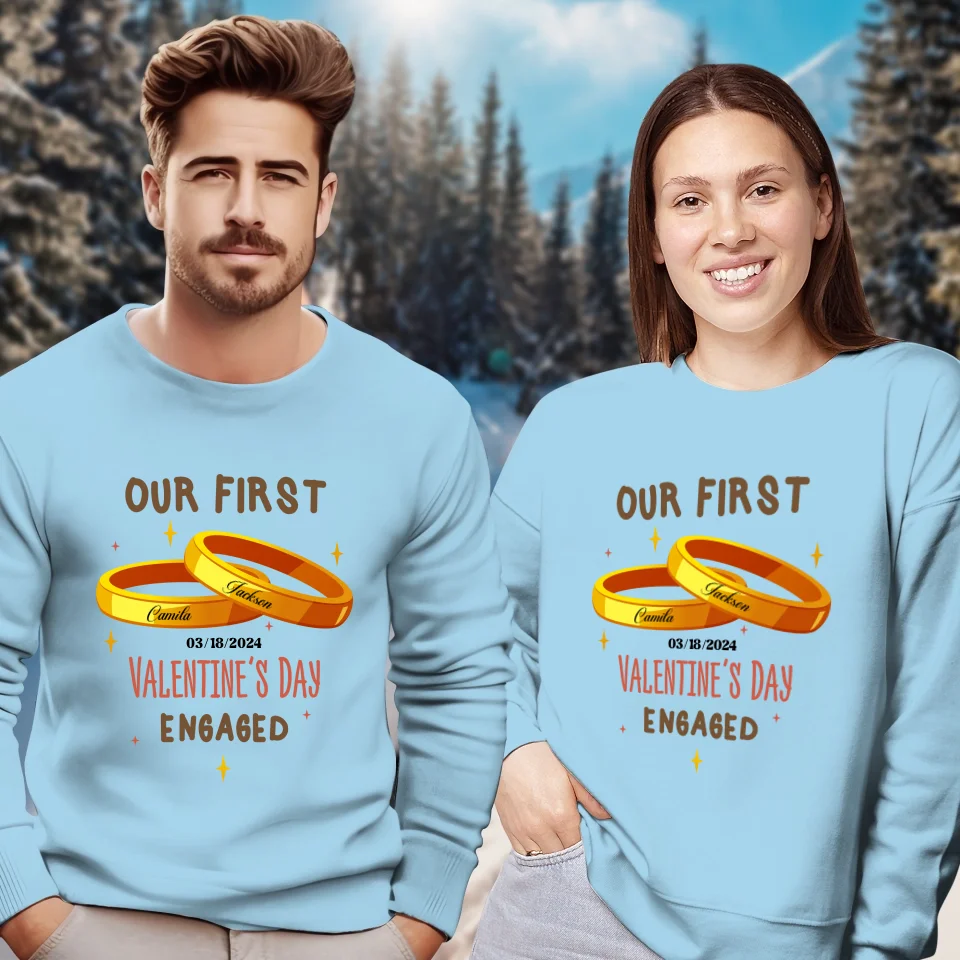 Our First Valentine's Day Engaged Golden Ring - Personalized Gifts For Couples - Unisex Sweater