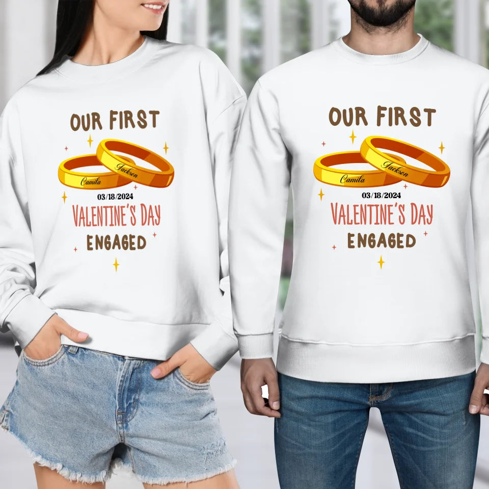 Our First Valentine's Day Engaged Golden Ring - Personalized Gifts For Couples - Unisex Sweater