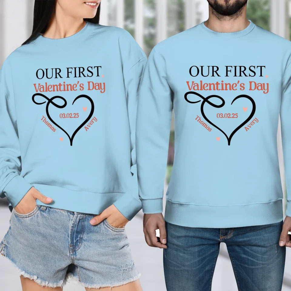 Our First Valentine's Day Heart Decor - Personalized Gifts For Couples - Unisex Sweater