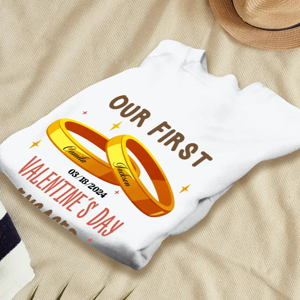 Our First Valentine's Day Engaged Golden Ring - Personalized Gifts For Couples - Unisex Sweater