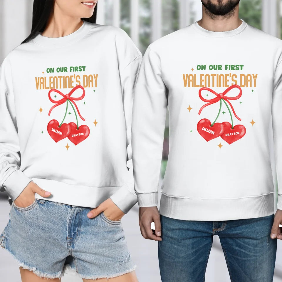 Our First Valentine's Day Double Heart - Personalized Gifts For Couples - Unisex Sweater