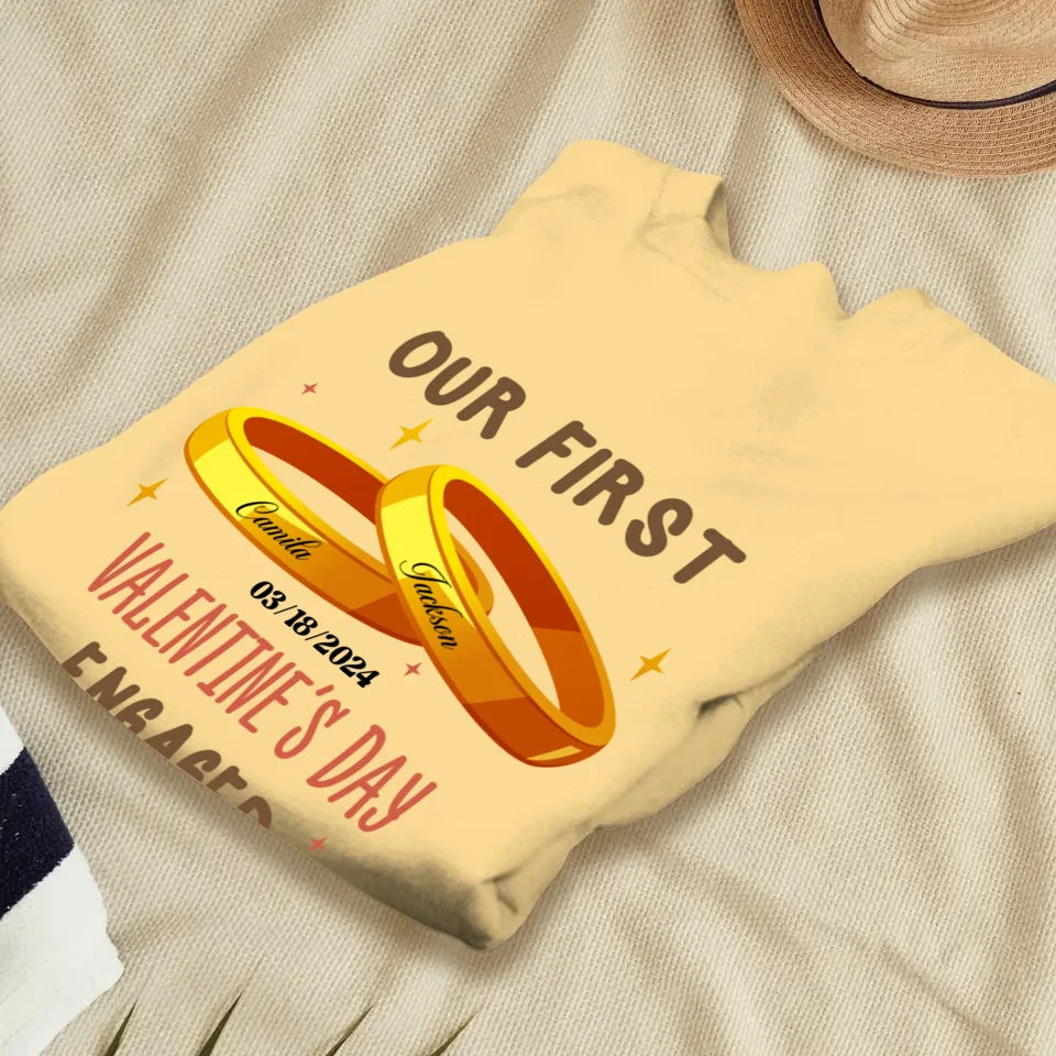 Our First Valentine's Day Engaged Golden Ring - Personalized Gifts For Couples - Unisex Sweater