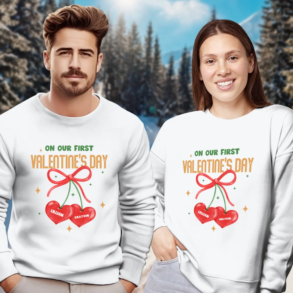 Our First Valentine's Day Double Heart - Personalized Gifts For Couples - Unisex Sweater