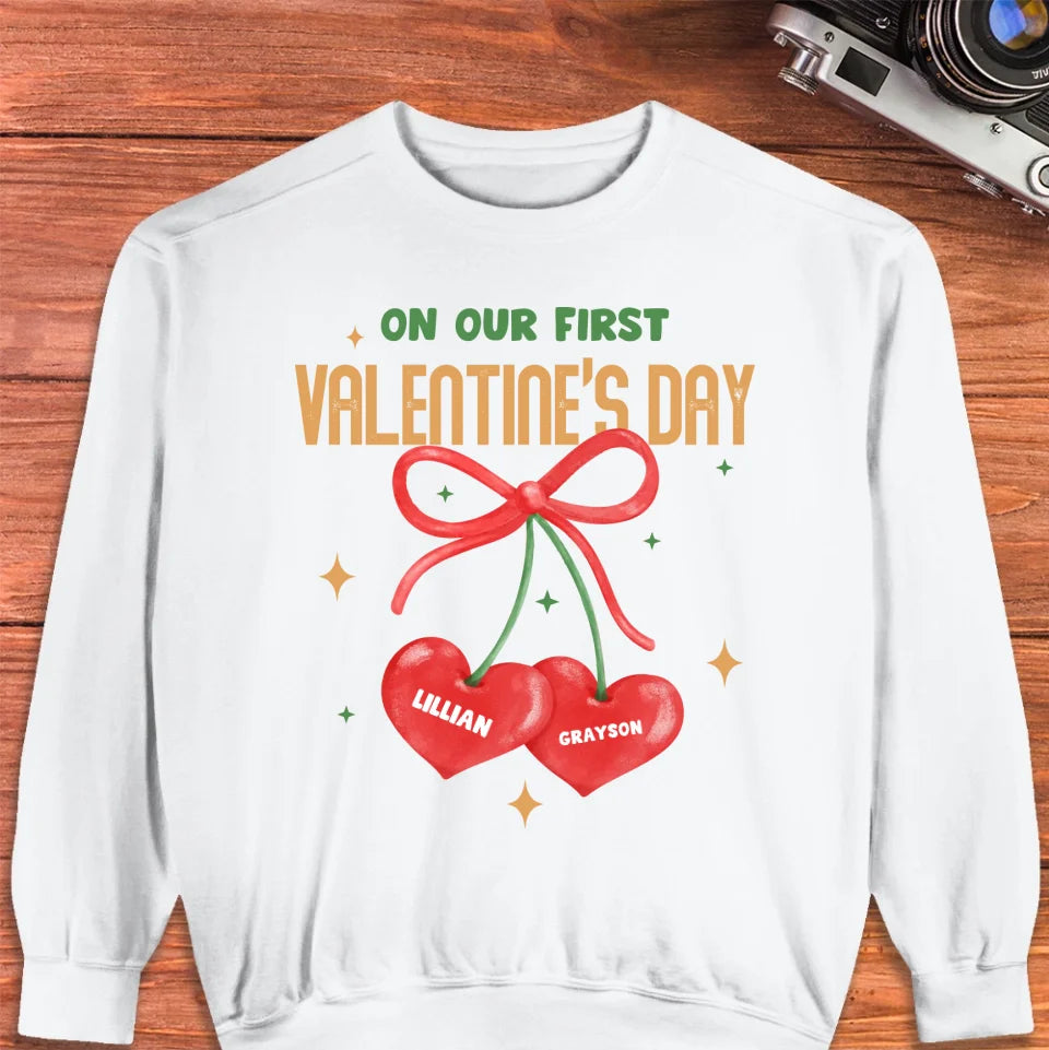 Our First Valentine's Day Double Heart - Personalized Gifts For Couples - Unisex Sweater