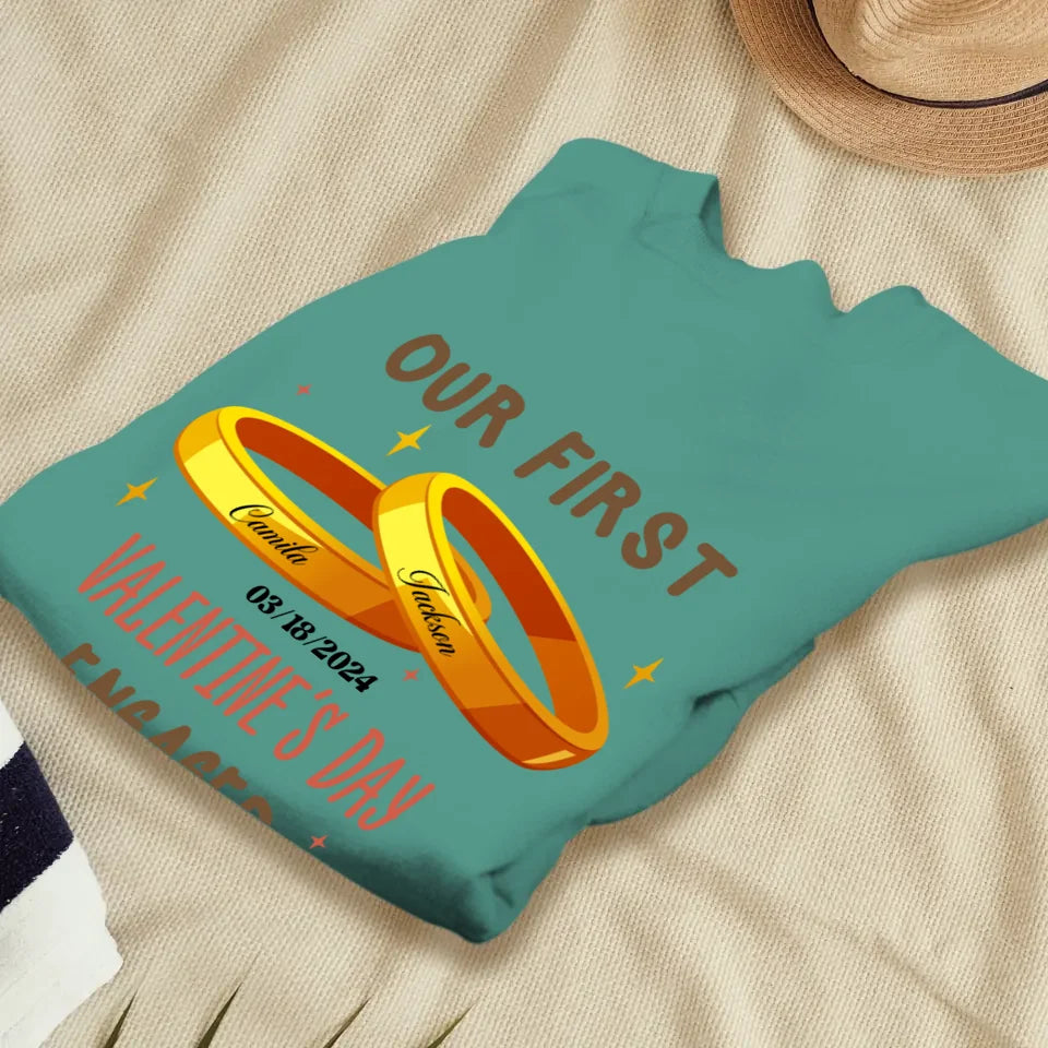 Our First Valentine's Day Engaged Golden Ring - Personalized Gifts For Couples - Unisex Sweater