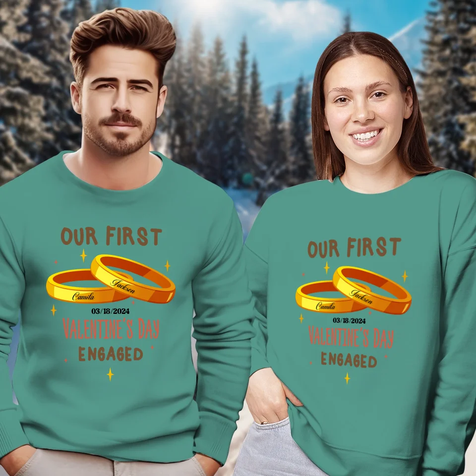 Our First Valentine's Day Engaged Golden Ring - Personalized Gifts For Couples - Unisex Sweater