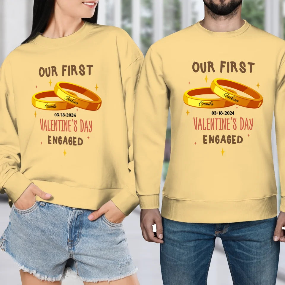 Our First Valentine's Day Engaged Golden Ring - Personalized Gifts For Couples - Unisex Sweater