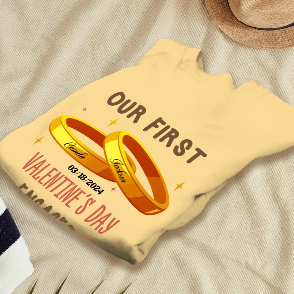 Our First Valentine's Day Engaged Golden Ring - Personalized Gifts For Couples - Unisex Sweater