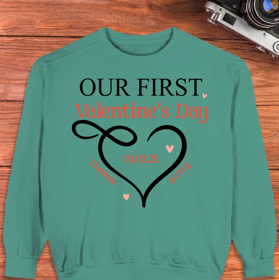 Our First Valentine's Day Heart Decor - Personalized Gifts For Couples - Unisex Sweater