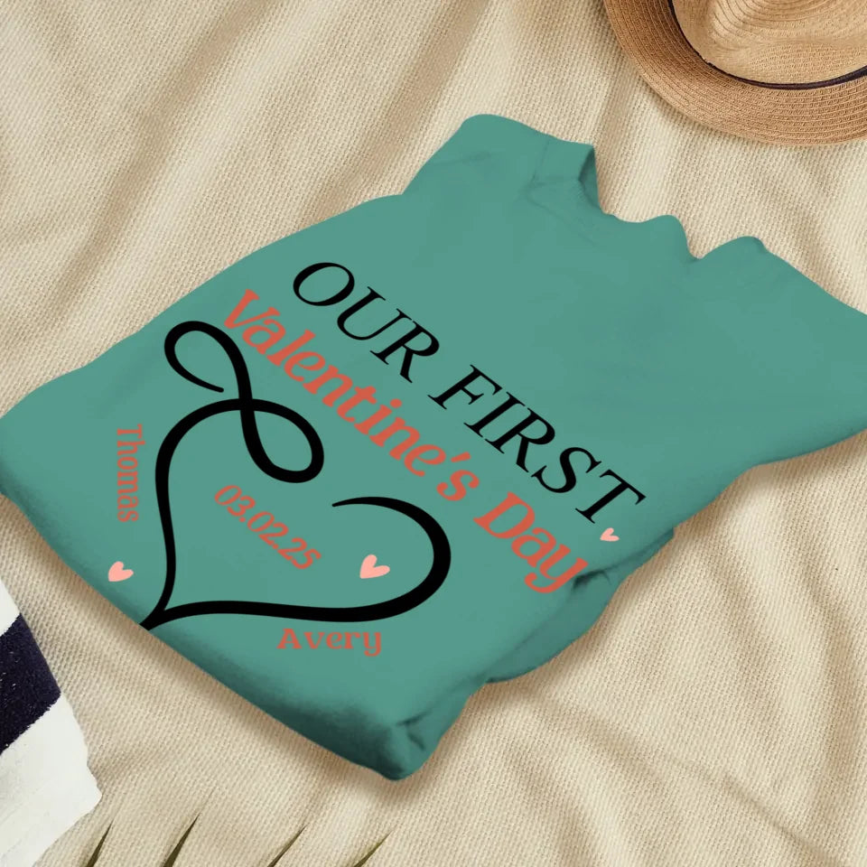 Our First Valentine's Day Heart Decor - Personalized Gifts For Couples - Unisex Sweater