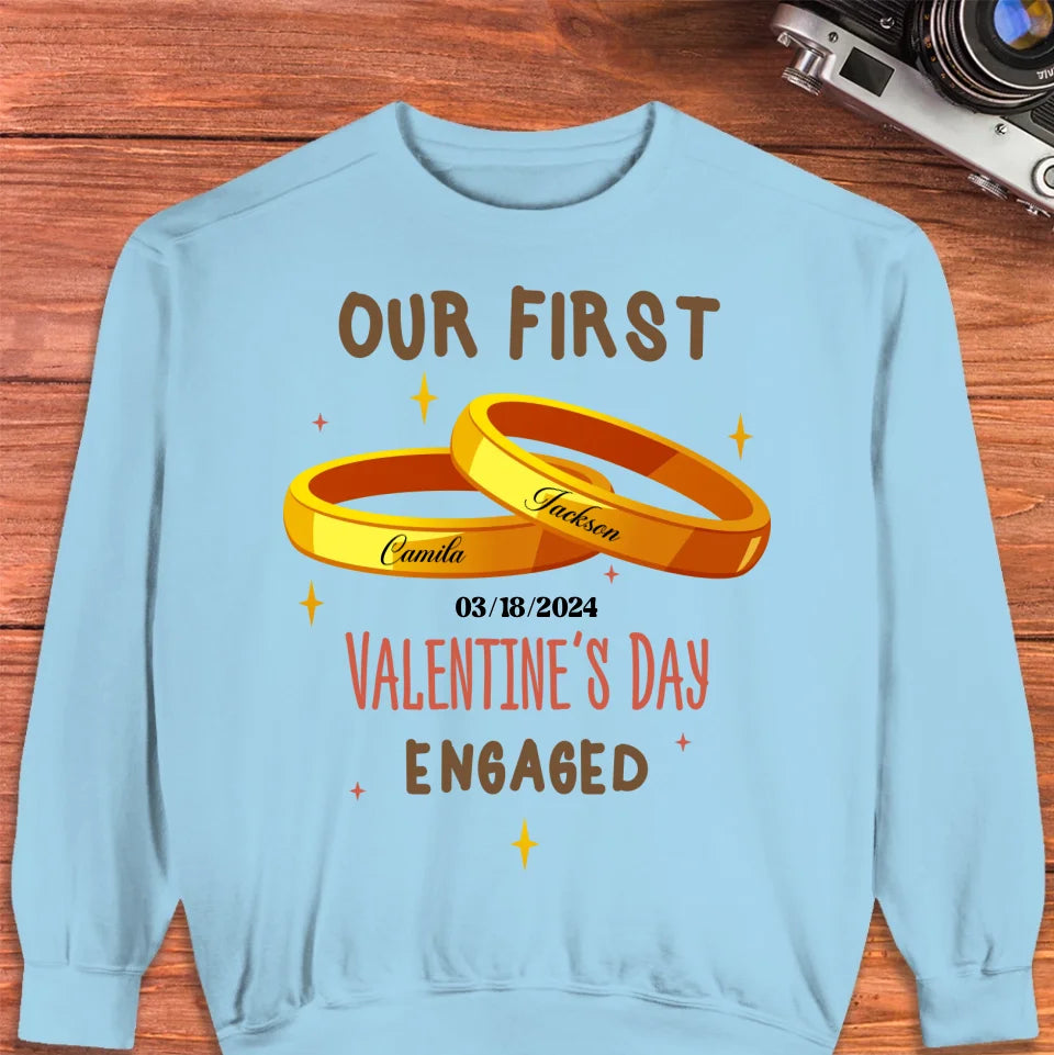 Our First Valentine's Day Engaged Golden Ring - Personalized Gifts For Couples - Unisex Sweater