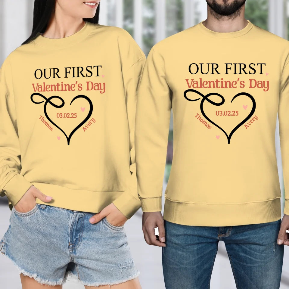 Our First Valentine's Day Heart Decor - Personalized Gifts For Couples - Unisex Sweater