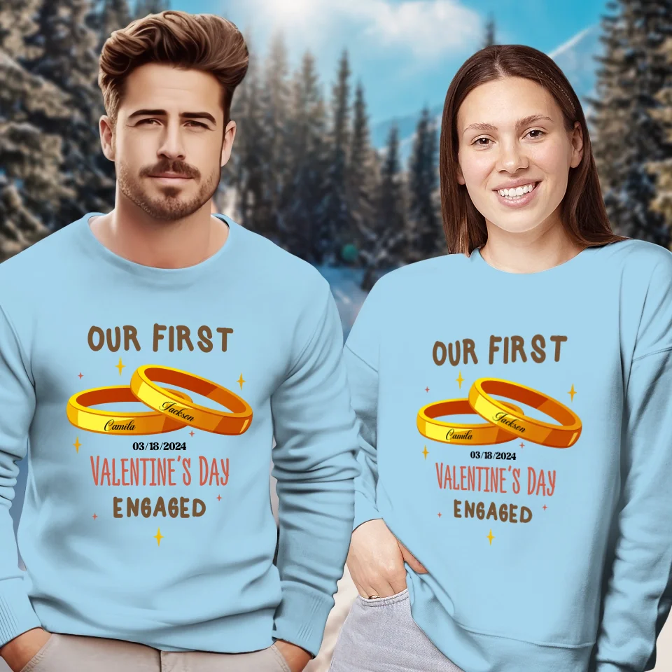 Our First Valentine's Day Engaged Golden Ring - Personalized Gifts For Couples - Unisex Sweater