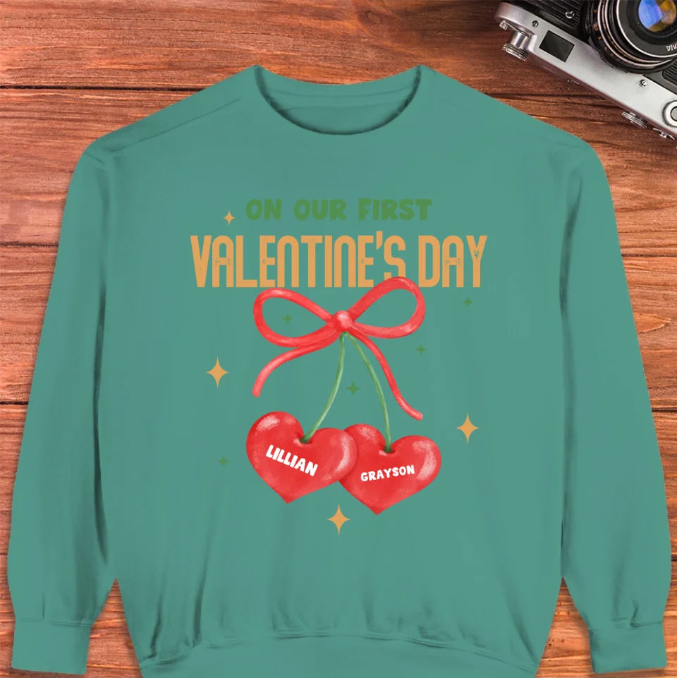 Our First Valentine's Day Double Heart - Personalized Gifts For Couples - Unisex Sweater