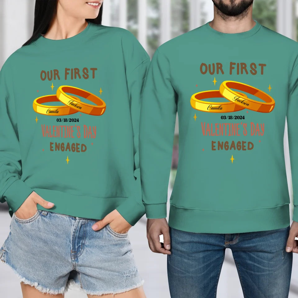 Our First Valentine's Day Engaged Golden Ring - Personalized Gifts For Couples - Unisex Sweater