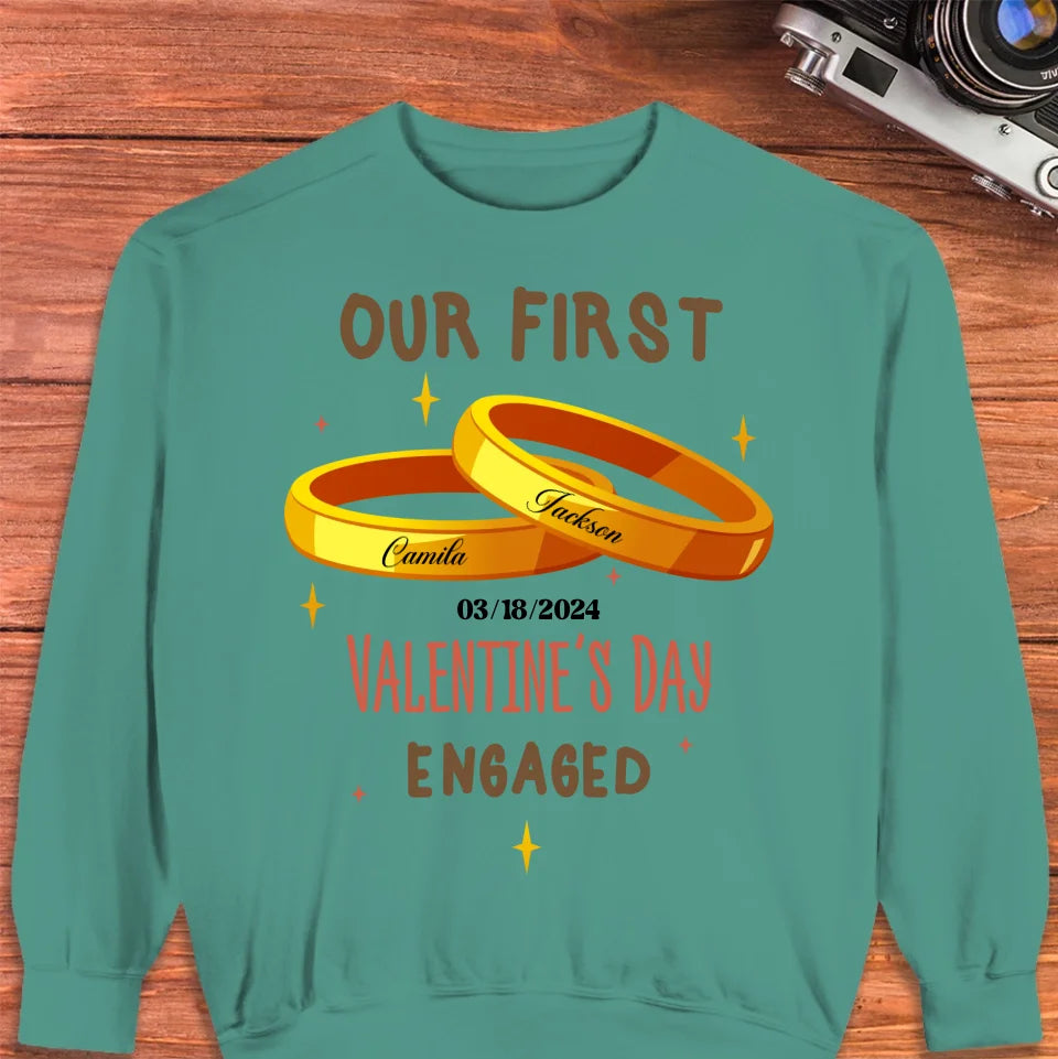 Our First Valentine's Day Engaged Golden Ring - Personalized Gifts For Couples - Unisex Sweater