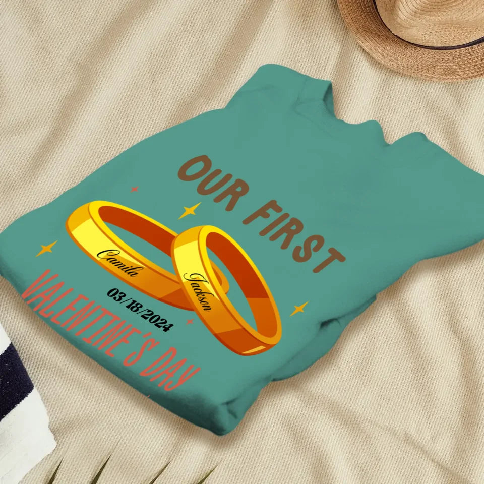 Our First Valentine's Day Engaged Golden Ring - Personalized Gifts For Couples - Unisex Sweater