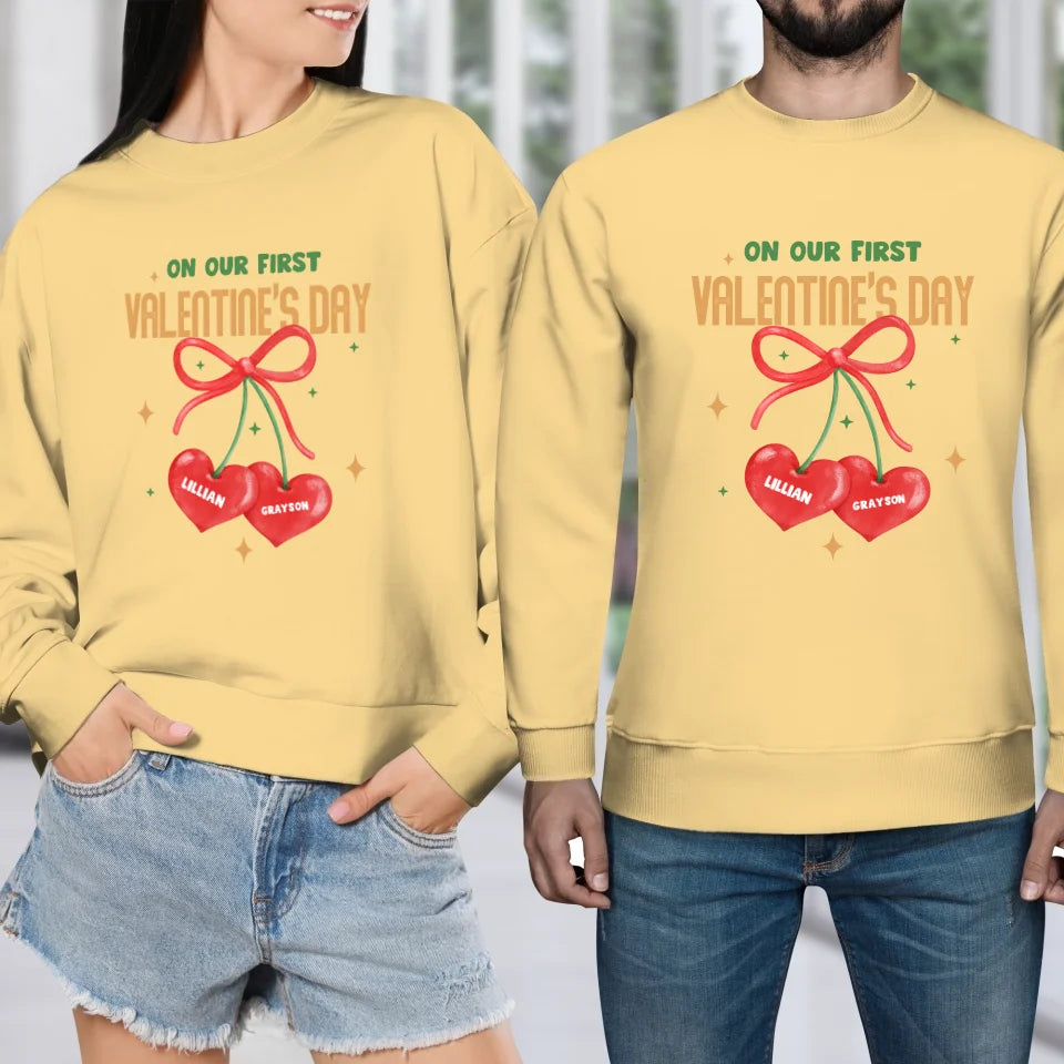 Our First Valentine's Day Double Heart - Personalized Gifts For Couples - Unisex Sweater