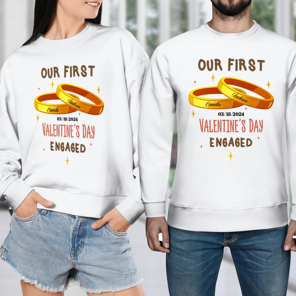 Our First Valentine's Day Engaged Golden Ring - Personalized Gifts For Couples - Unisex Sweater