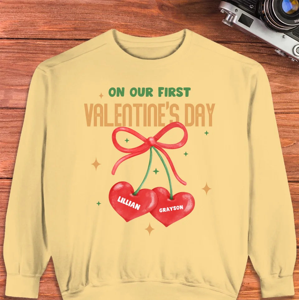 Our First Valentine's Day Double Heart - Personalized Gifts For Couples - Unisex Sweater