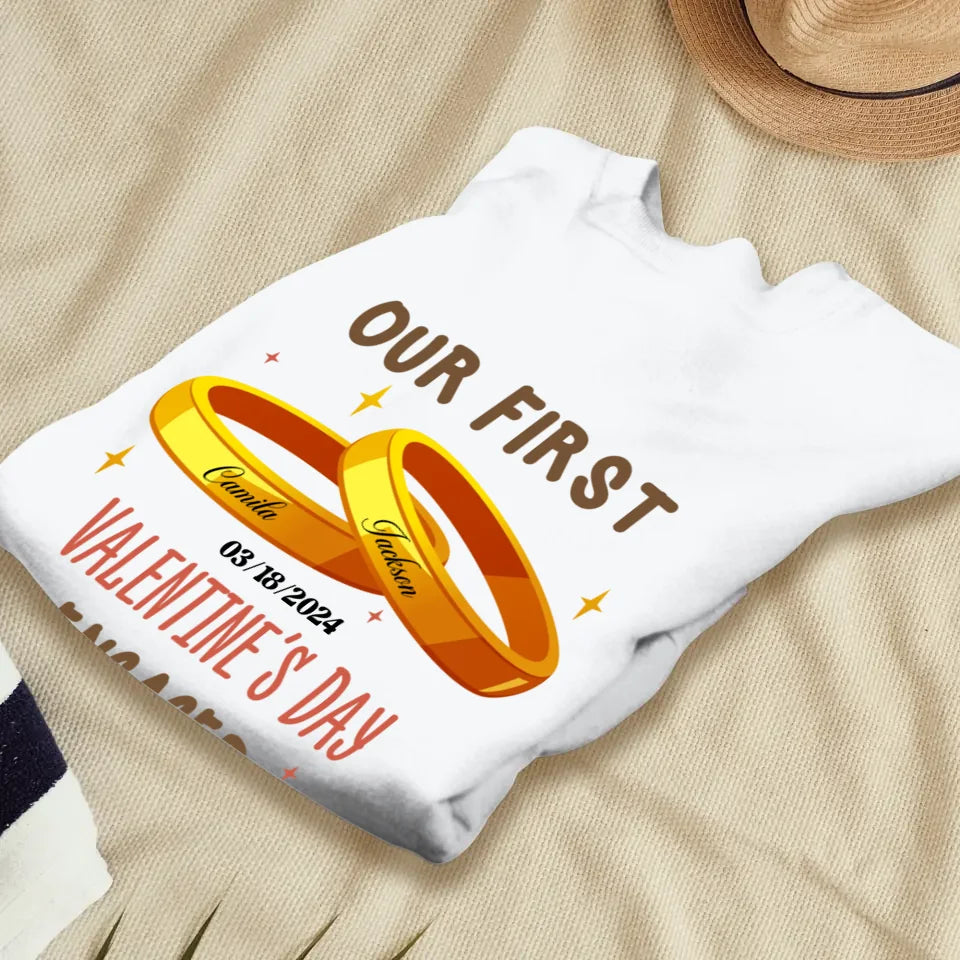 Our First Valentine's Day Engaged Golden Ring - Personalized Gifts For Couples - Unisex Sweater