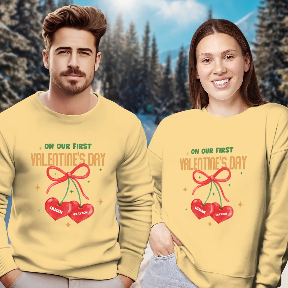 Our First Valentine's Day Double Heart - Personalized Gifts For Couples - Unisex Sweater