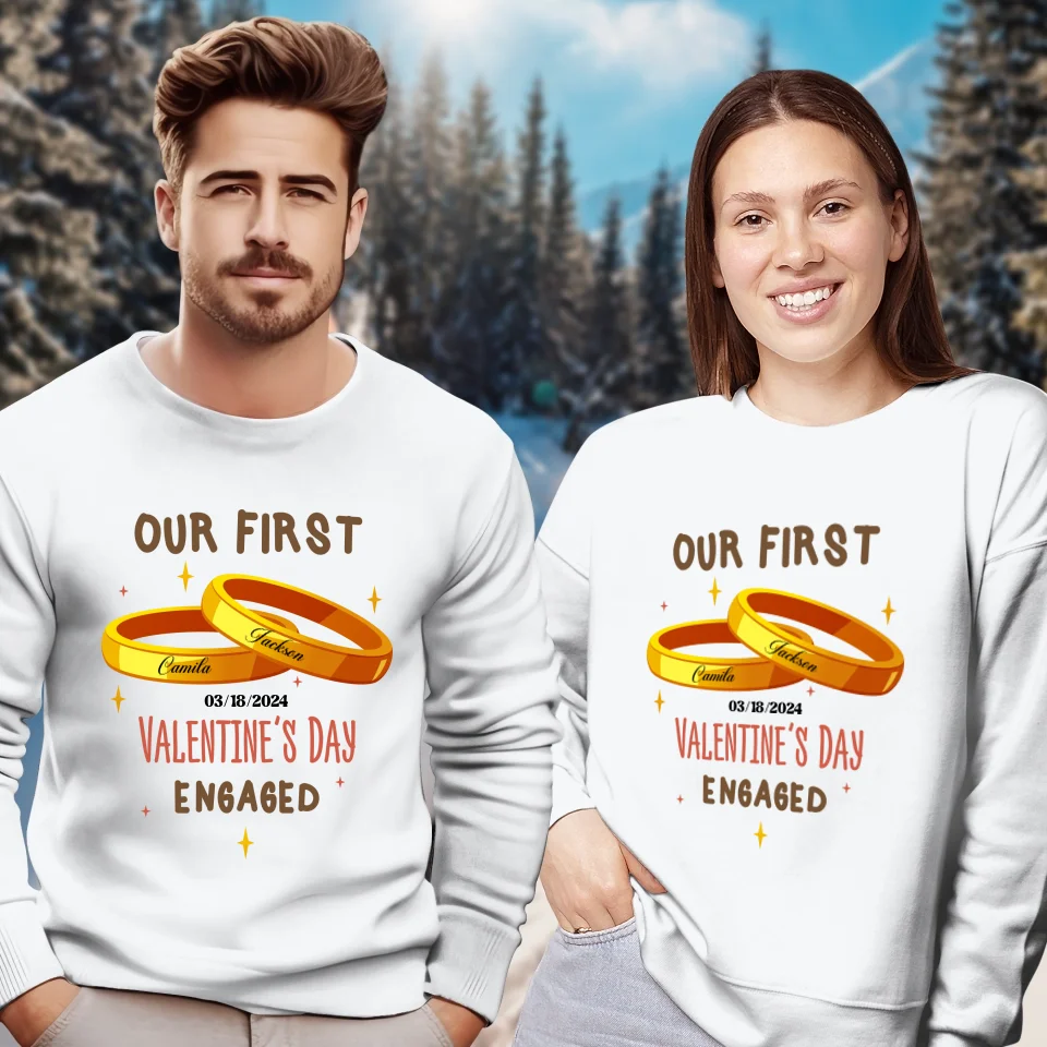 Our First Valentine's Day Engaged Golden Ring - Personalized Gifts For Couples - Unisex Sweater