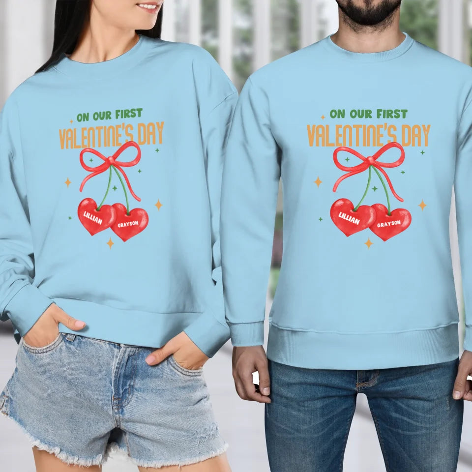 Our First Valentine's Day Double Heart - Personalized Gifts For Couples - Unisex Sweater