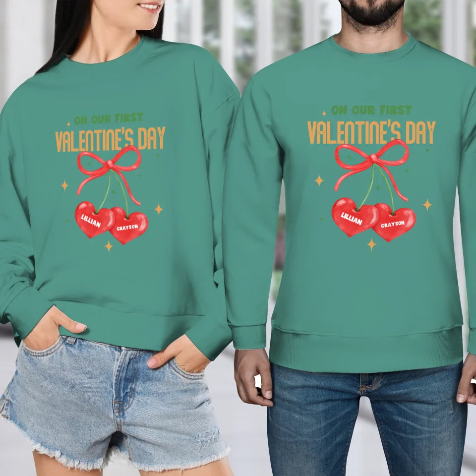 Our First Valentine's Day Double Heart - Personalized Gifts For Couples - Unisex Sweater