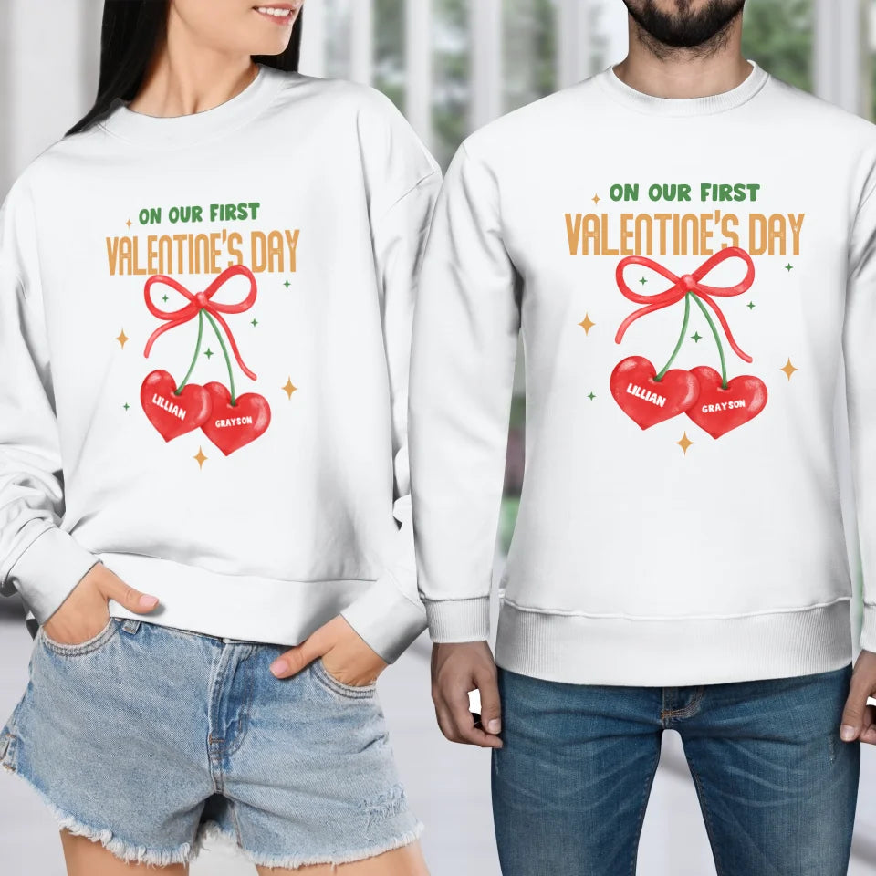 Our First Valentine's Day Double Heart - Personalized Gifts For Couples - Unisex Sweater