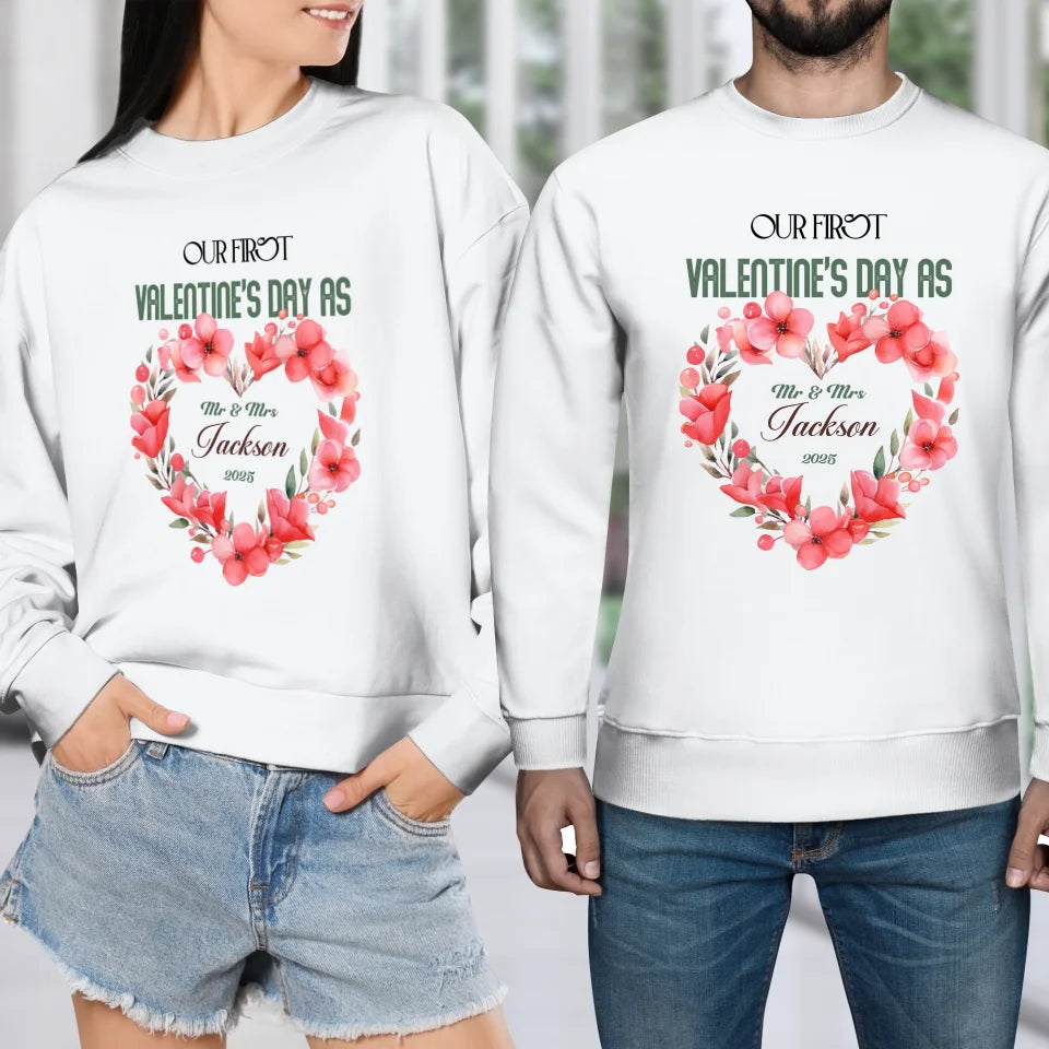 Our First Valentine's Day As Mr & Mrs - Personalized Gifts For Couples - Unisex Sweater