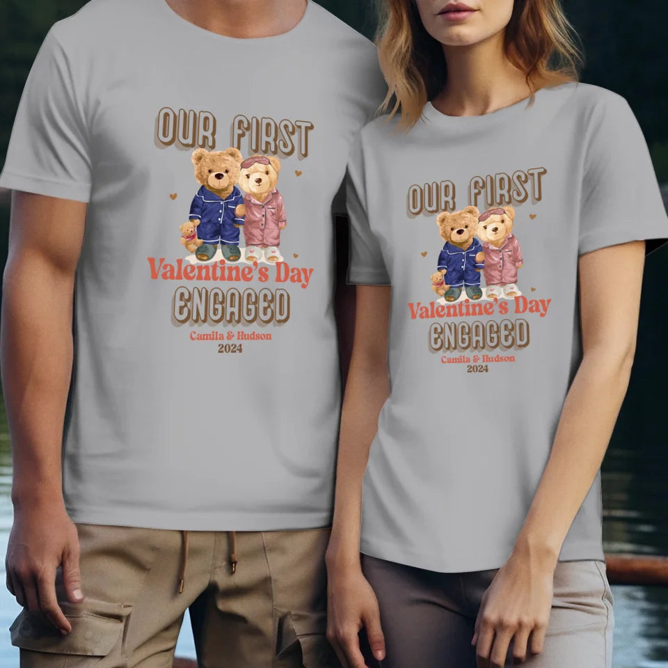 Our First Valentine's Day Engaged - Personalized Gifts For Couples - Unisex T-Shirt