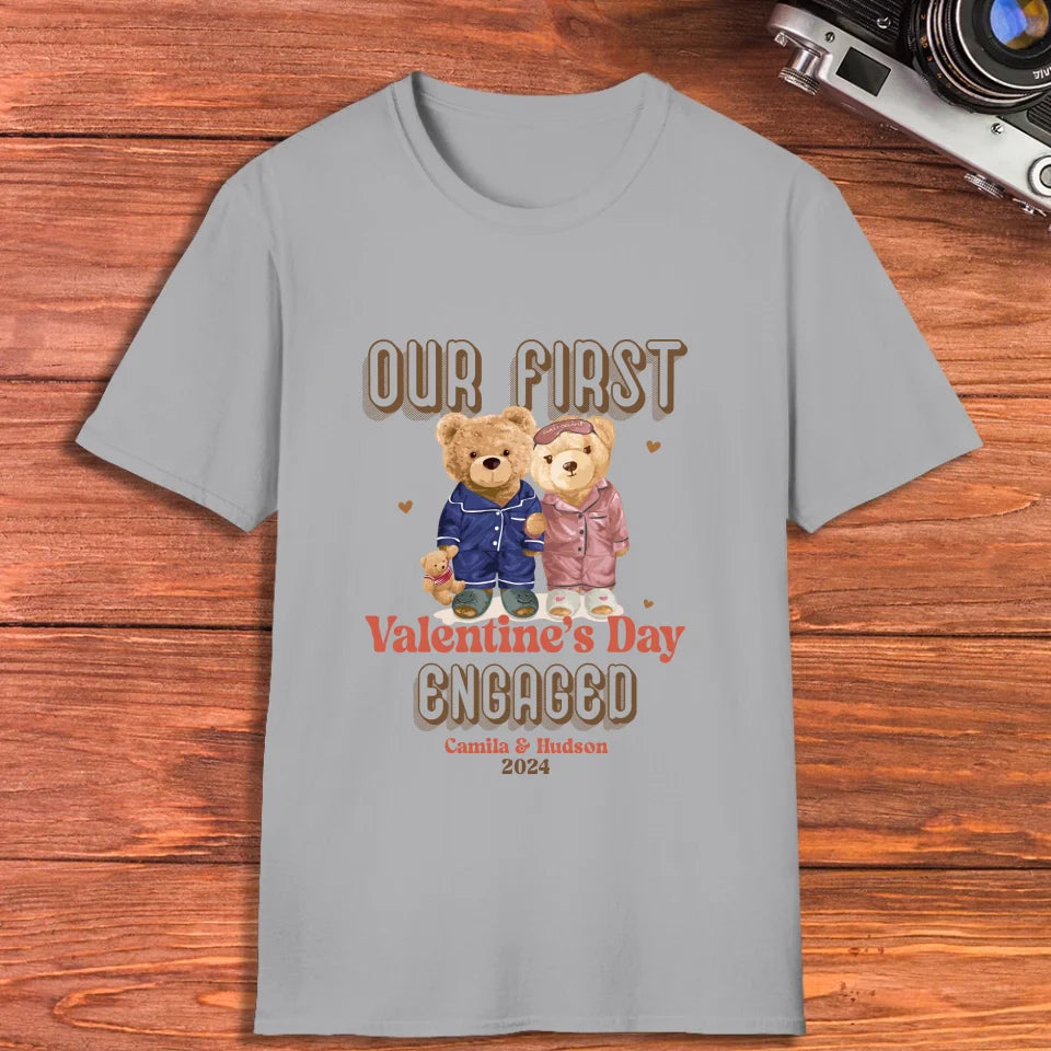 Our First Valentine's Day Engaged - Personalized Gifts For Couples - Unisex T-Shirt