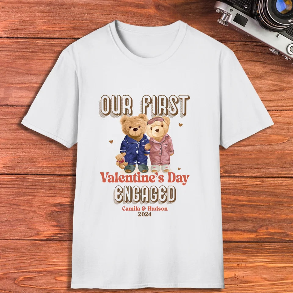 Our First Valentine's Day Engaged - Personalized Gifts For Couples - Unisex T-Shirt