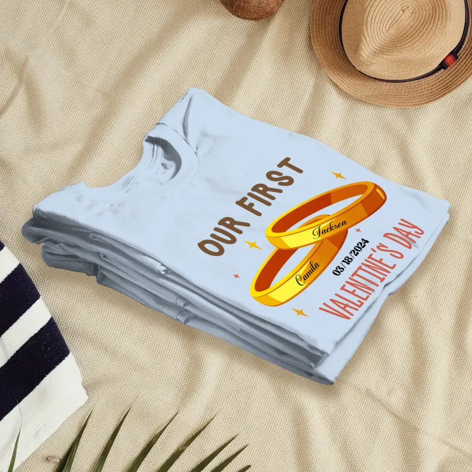 Our First Valentine's Day Engaged Golden Ring - Personalized Gifts For Couples - Unisex T-Shirt