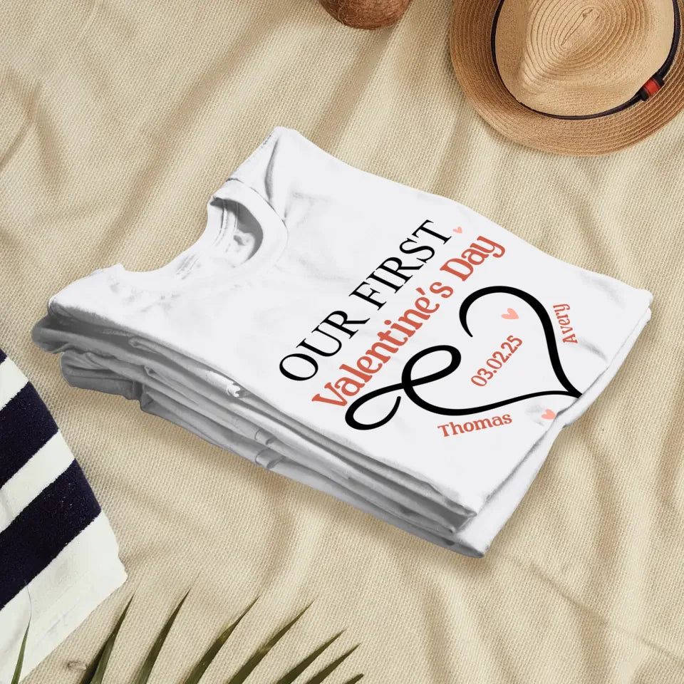 Our First Valentine's Day Heart Decor - Personalized Gifts For Couples - Unisex T-Shirt