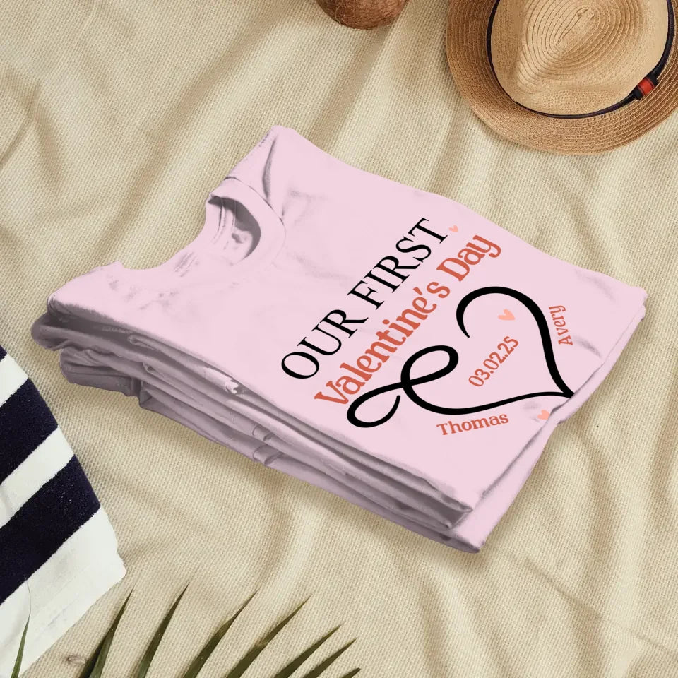 Our First Valentine's Day Heart Decor - Personalized Gifts For Couples - Unisex T-Shirt