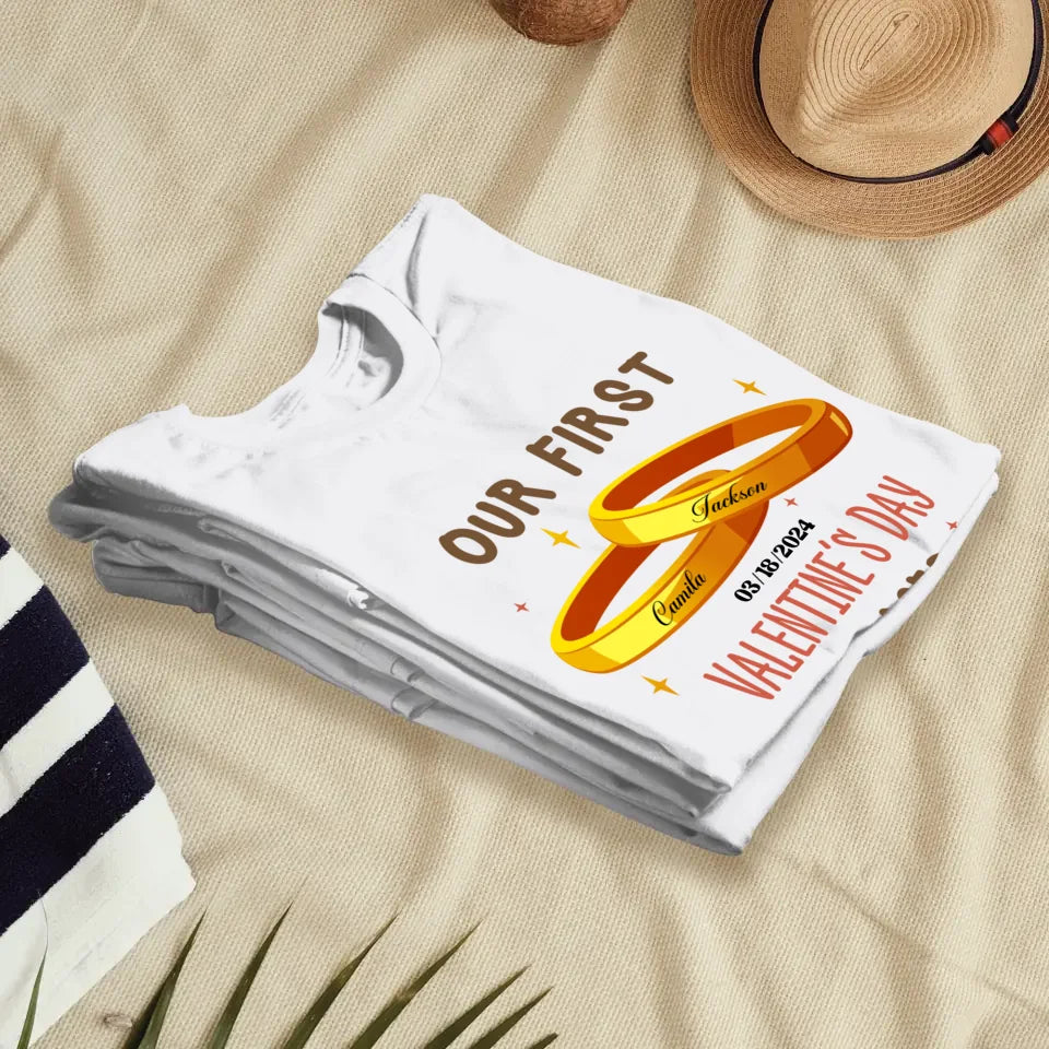 Our First Valentine's Day Engaged Golden Ring - Personalized Gifts For Couples - Unisex T-Shirt