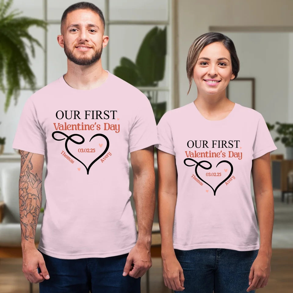 Our First Valentine's Day Heart Decor - Personalized Gifts For Couples - Unisex T-Shirt