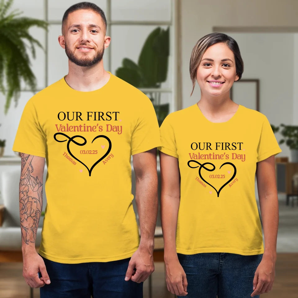 Our First Valentine's Day Heart Decor - Personalized Gifts For Couples - Unisex T-Shirt