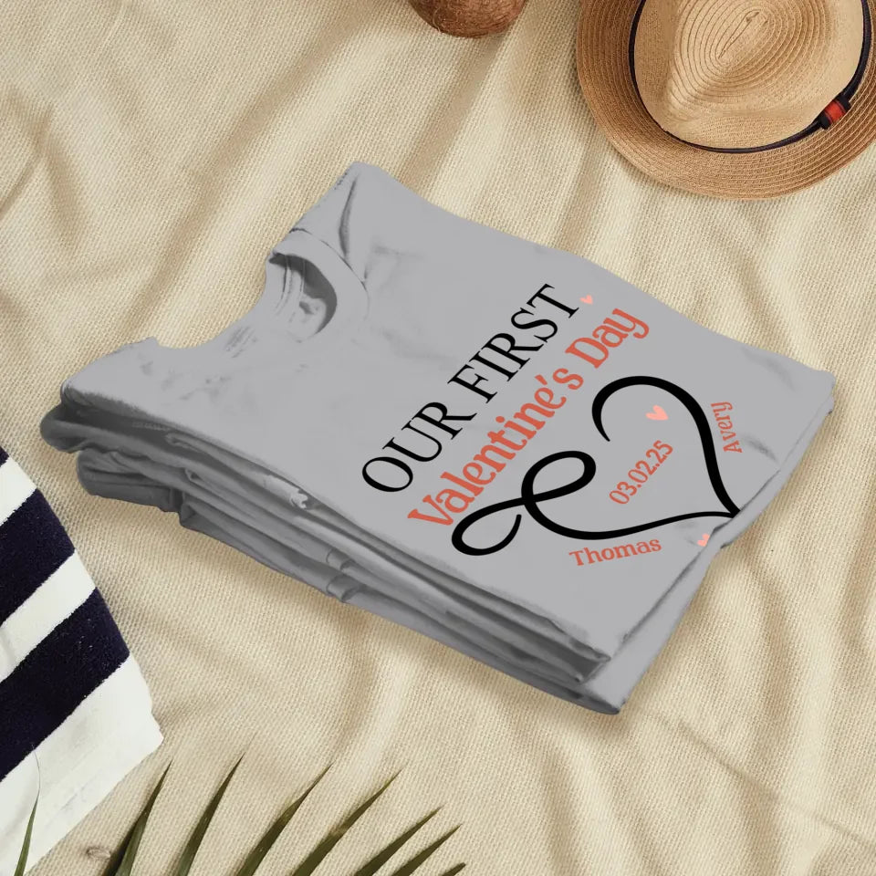 Our First Valentine's Day Heart Decor - Personalized Gifts For Couples - Unisex T-Shirt