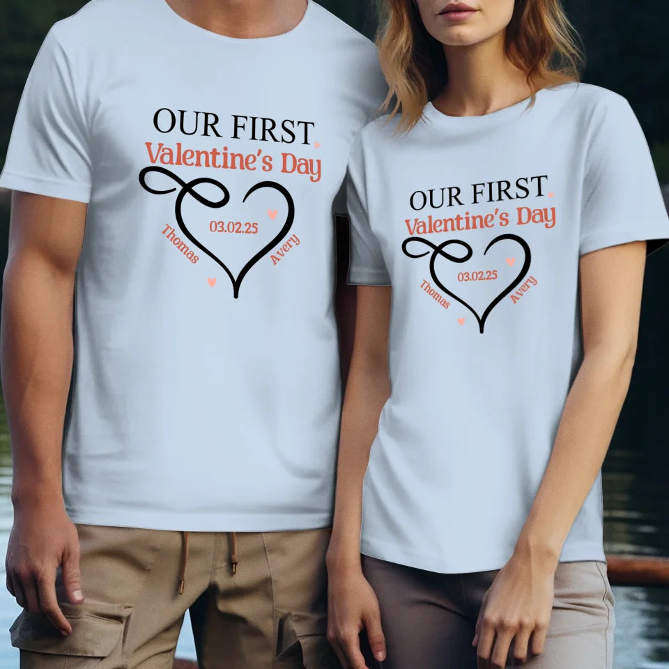 Our First Valentine's Day Heart Decor - Personalized Gifts For Couples - Unisex T-Shirt