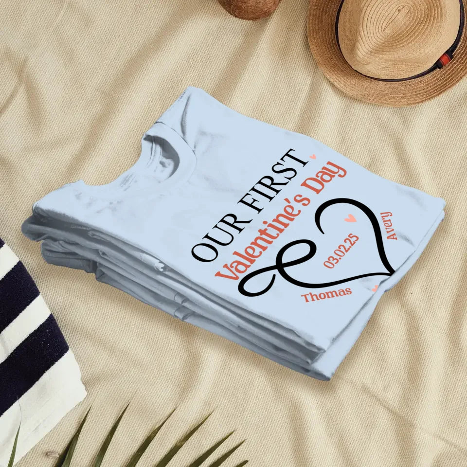 Our First Valentine's Day Heart Decor - Personalized Gifts For Couples - Unisex T-Shirt